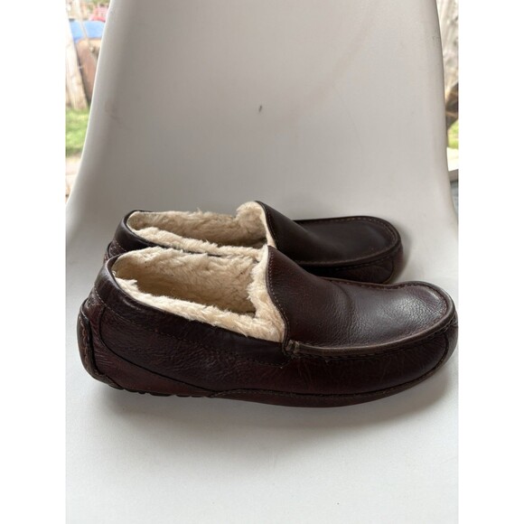 UGG ASCOT Mens Dark Brown Leather Lined Slippers Size 12 - Picture 2 of 6